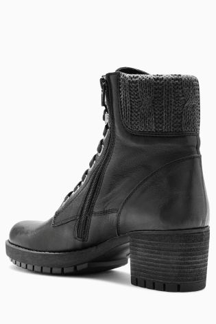 Black Leather Lace-Up Heeled Boots